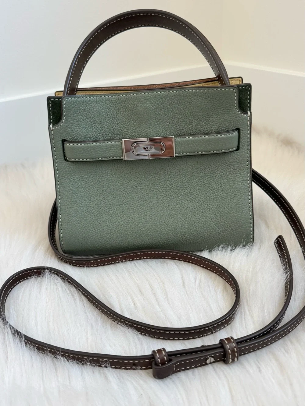 Tory Burch green pebbled leather petite Lee Radziwill double bag